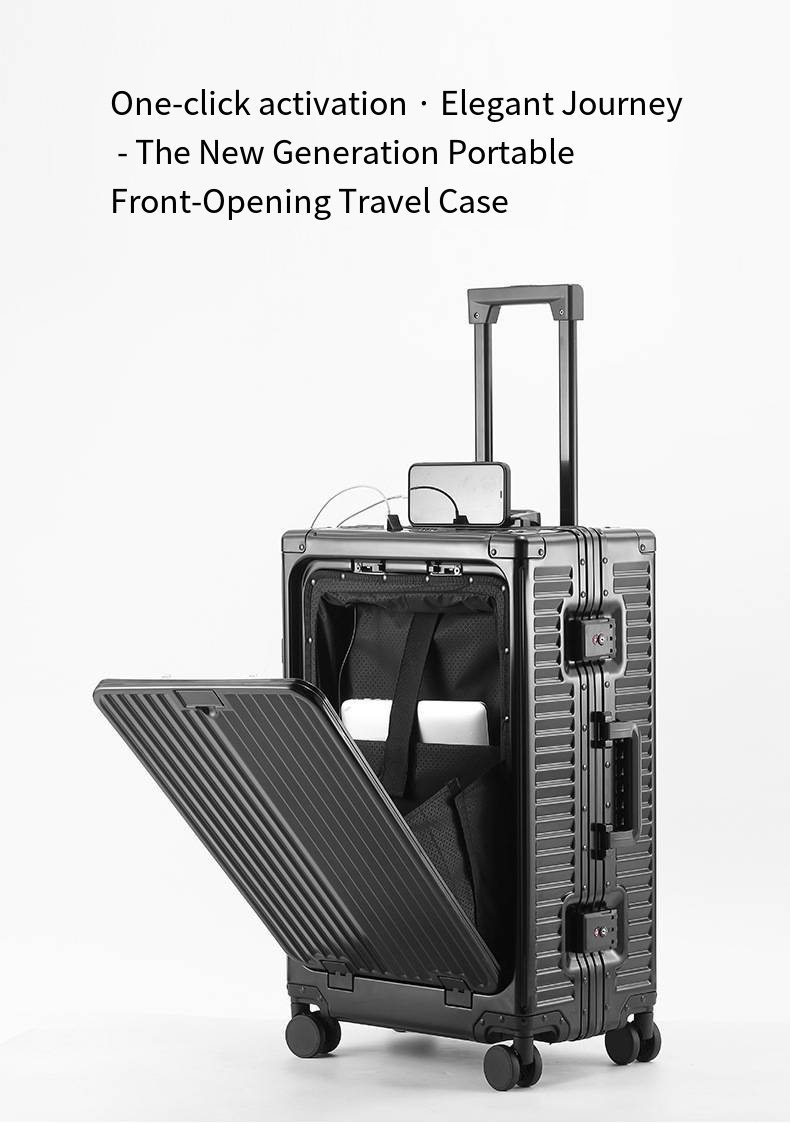 全新全铝镁合金20英寸登机箱，前开盖设计，带USB接口和手柄，符合TSA密码要求。