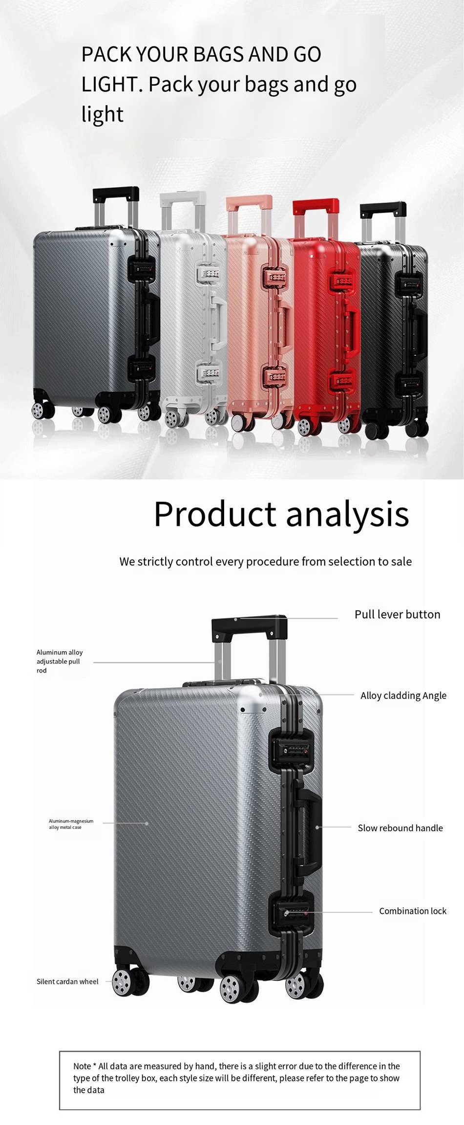 全铝镁合金男士商务旅行箱，带旋转轮，适合旅行随身携带。