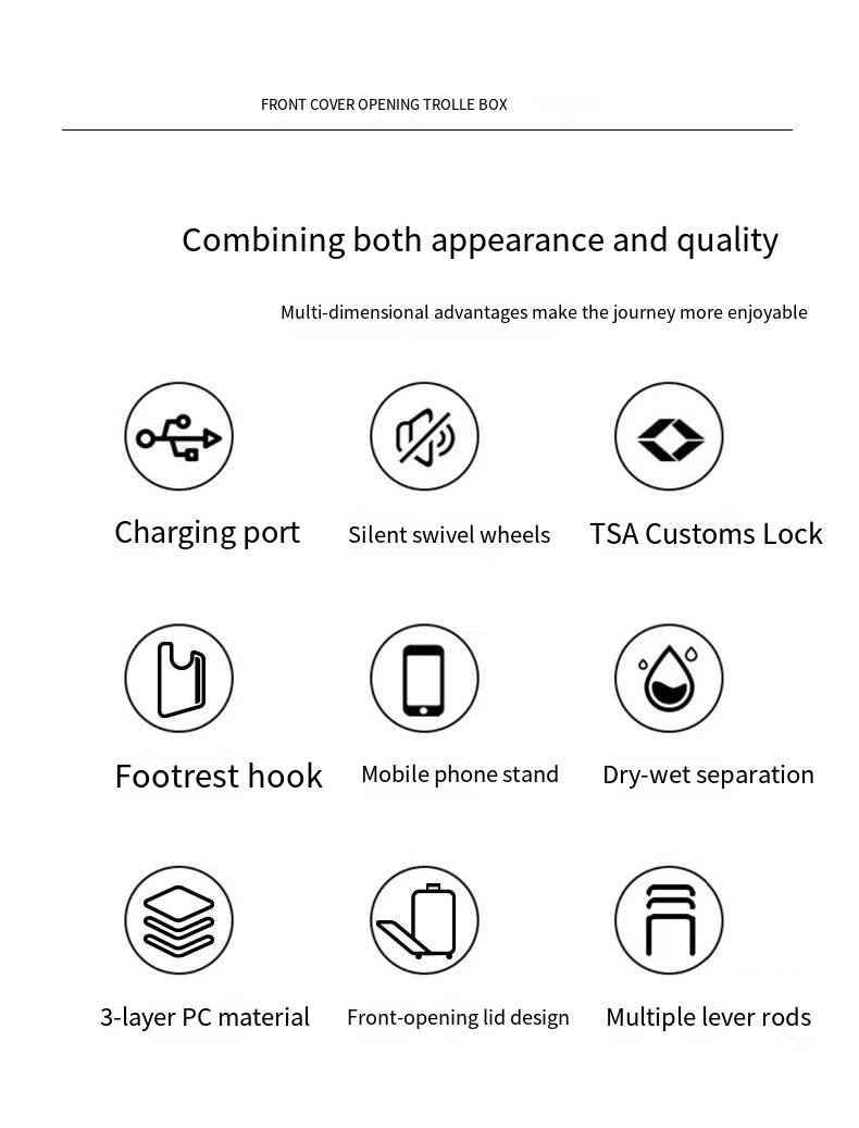 全新全铝镁合金20英寸登机箱，前开盖设计，带USB接口和手柄，符合TSA密码要求。