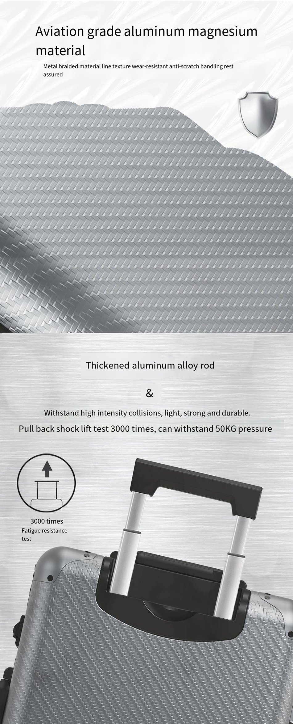 全铝镁合金男士商务旅行箱，带旋转轮，适合旅行随身携带。