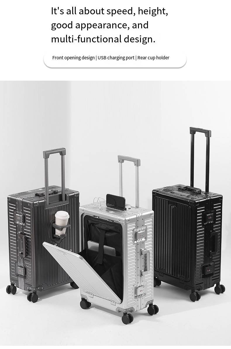 全新全铝镁合金20英寸登机箱，前开盖设计，带USB接口和手柄，符合TSA密码要求。