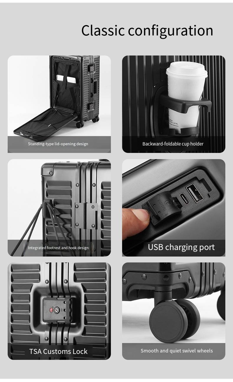 全新全铝镁合金20英寸登机箱，前开盖设计，带USB接口和手柄，符合TSA密码要求。