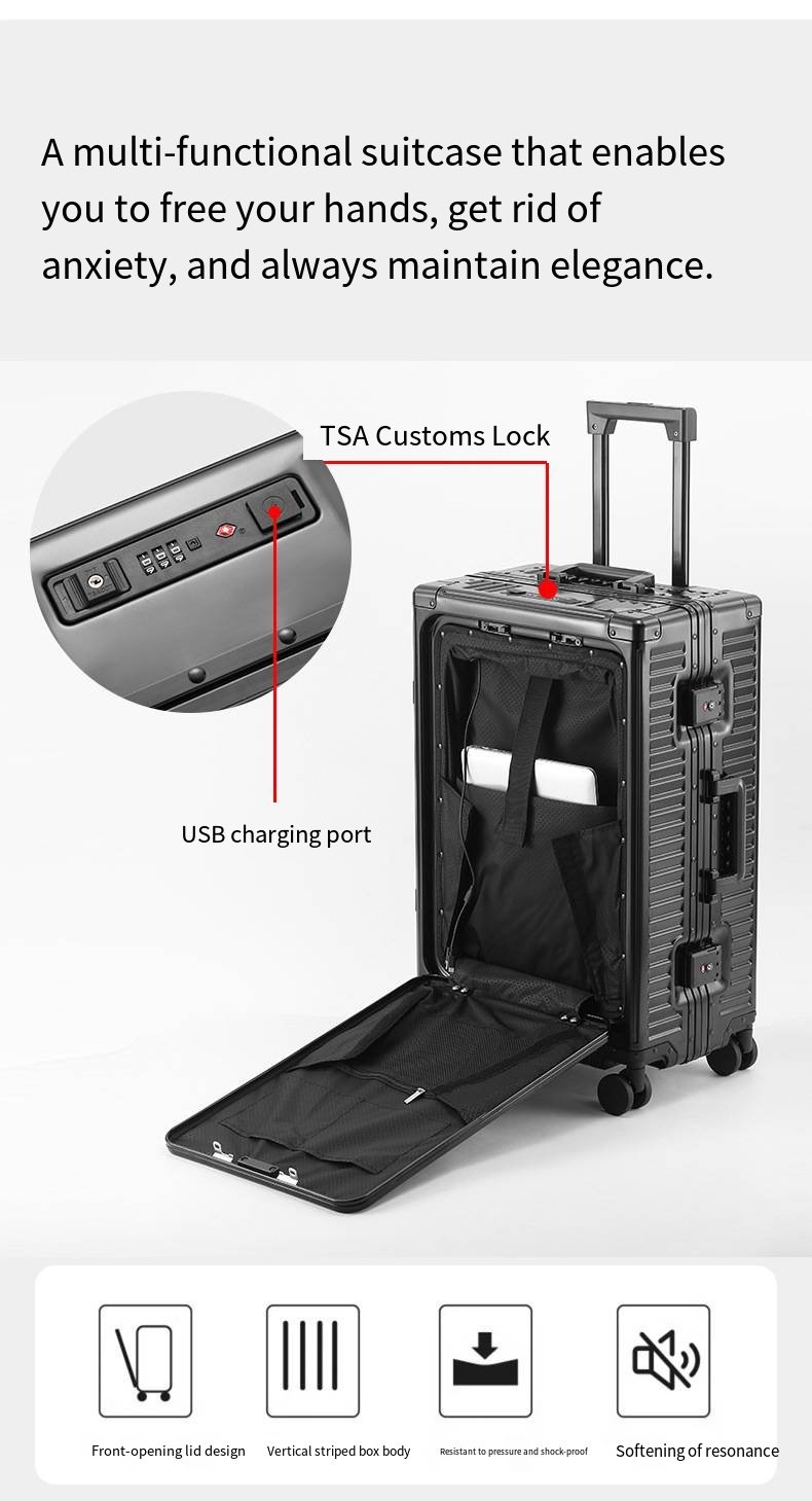 全新全铝镁合金20英寸登机箱，前开盖设计，带USB接口和手柄，符合TSA密码要求。