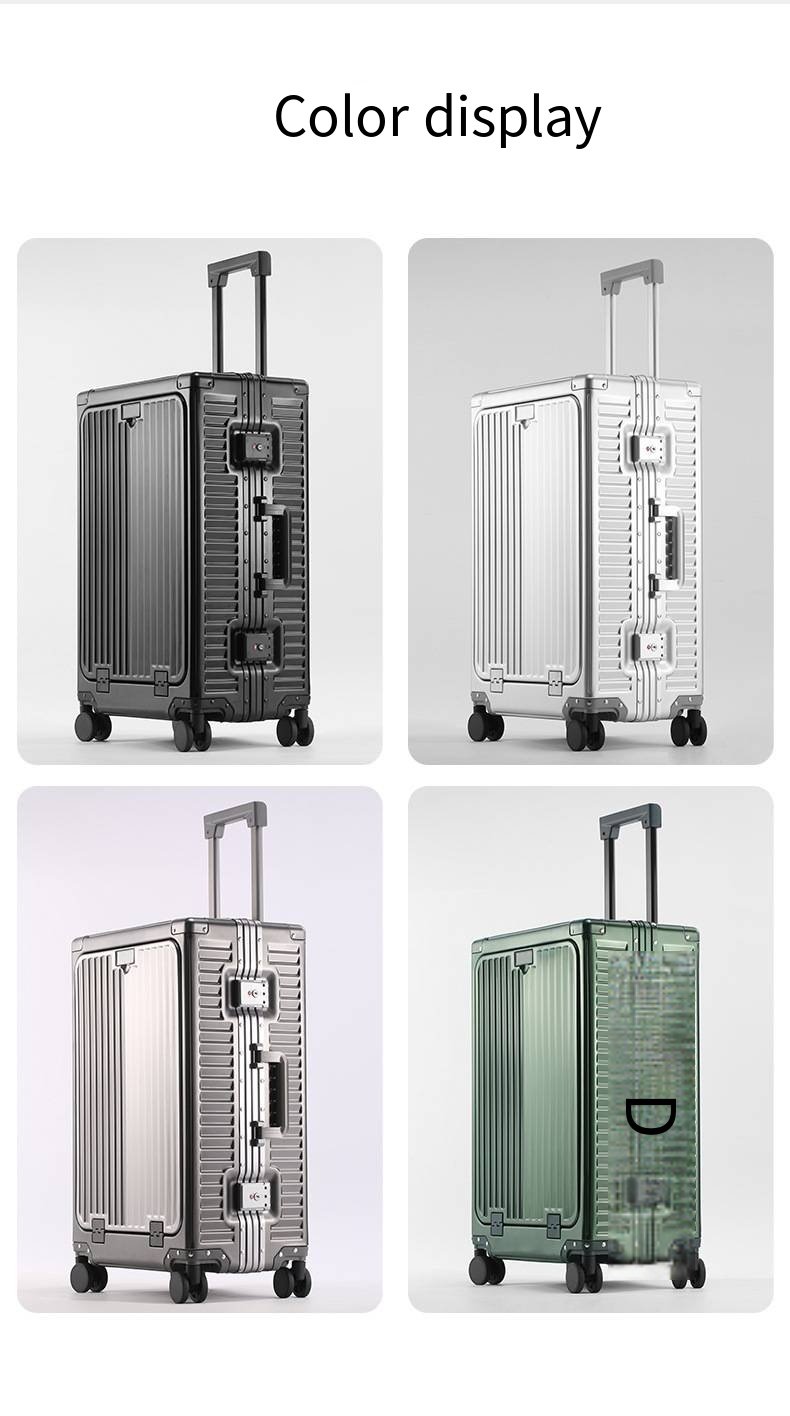 全新全铝镁合金20英寸登机箱，前开盖设计，带USB接口和手柄，符合TSA密码要求。