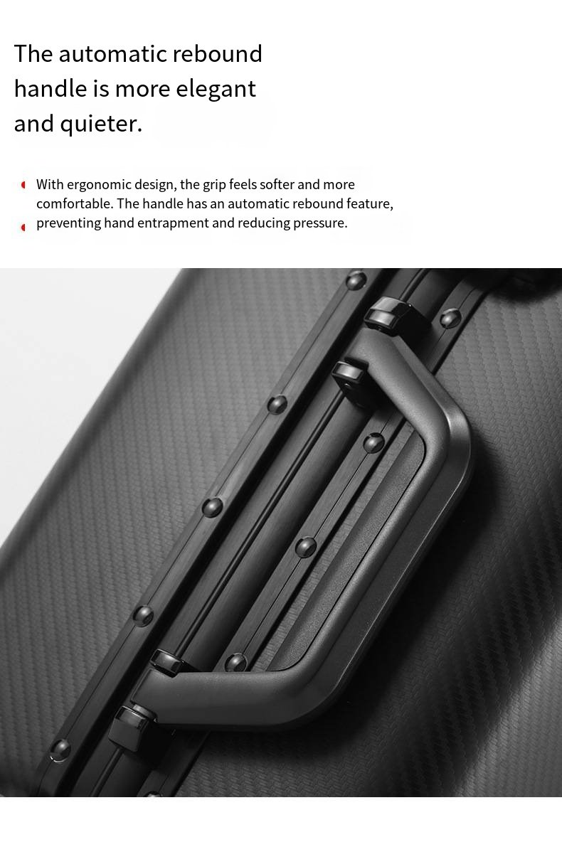 一款新型碳纤维纹理铝合金行李箱，采用铝合金框架，轻便易携，适合旅行。