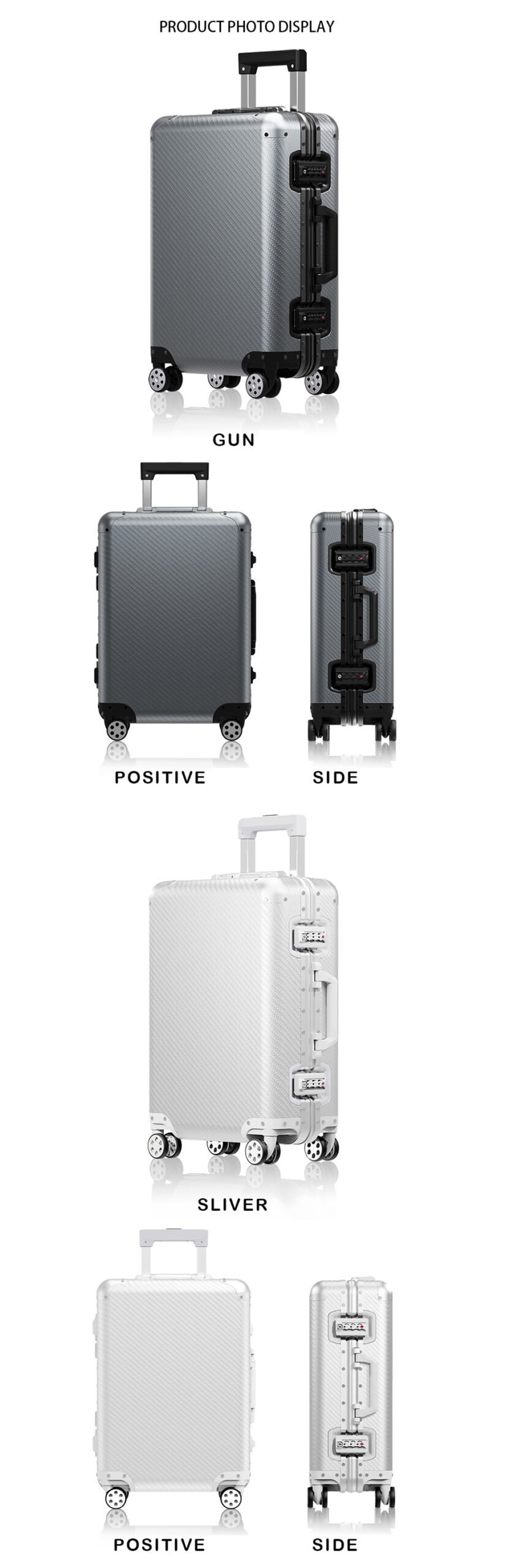 全铝镁合金男士商务旅行箱，带旋转轮，适合旅行随身携带。