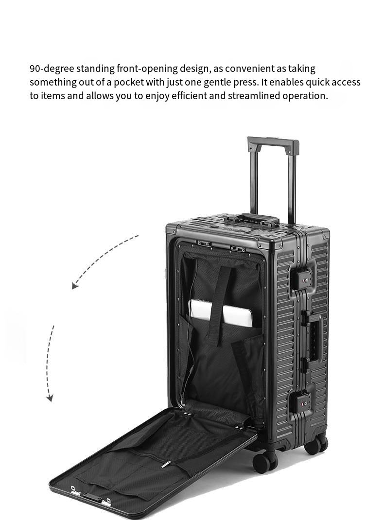 全新全铝镁合金20英寸登机箱，前开盖设计，带USB接口和手柄，符合TSA密码要求。