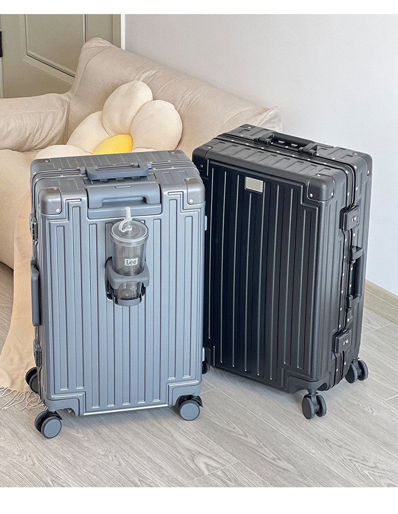 便携式旅行拉杆箱，旋转轮，硬质铝合金框架，行李箱锁，防水防盗，杯架，提手箱