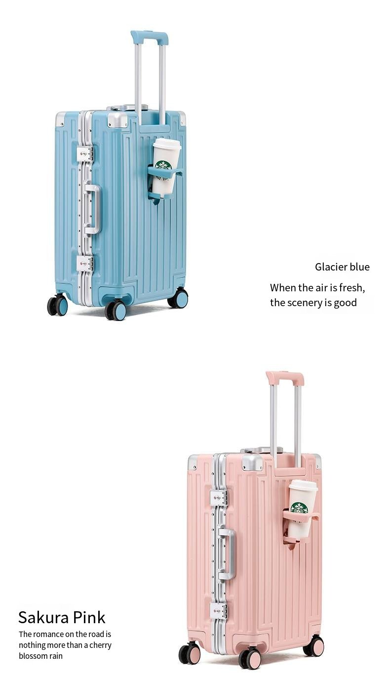 Portable travel trolley, rotator wheel, hard aluminum frame, suitcase lock, waterproof and anti-theft, cup holder, handle box 便携式旅行拉杆箱,旋转轮,硬质铝合金框架,行李箱锁,防水防盗,杯架,提手箱