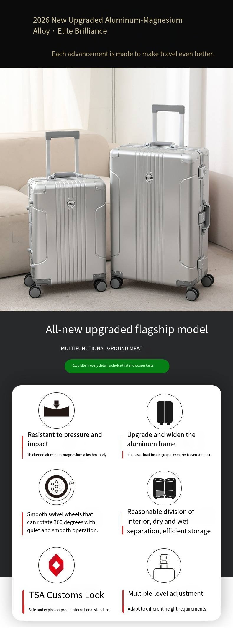 全铝镁合金拉杆箱、金属行李箱、20英寸登机箱、静音轮行李箱、密码行李箱