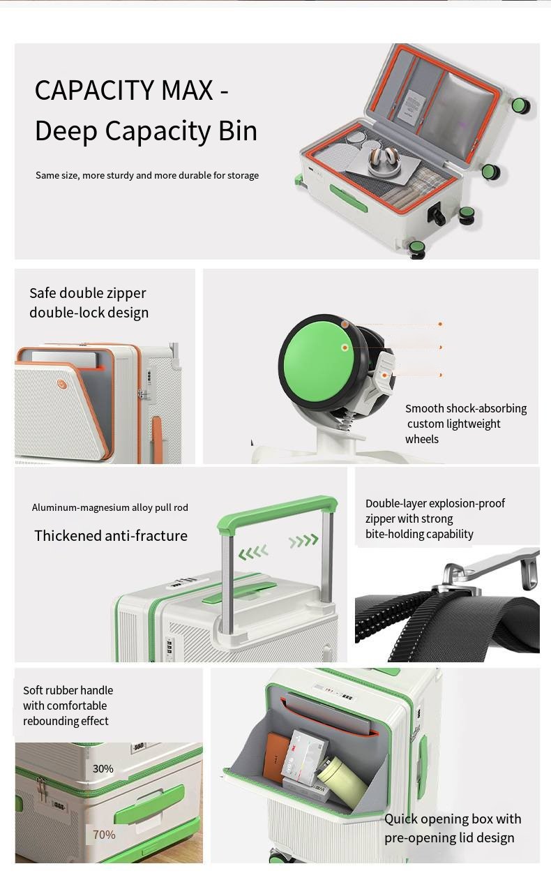 multi functional front opening business carry on suitcase, 28 inch large capacity combination lock, 360 degree rotating wheel travel case