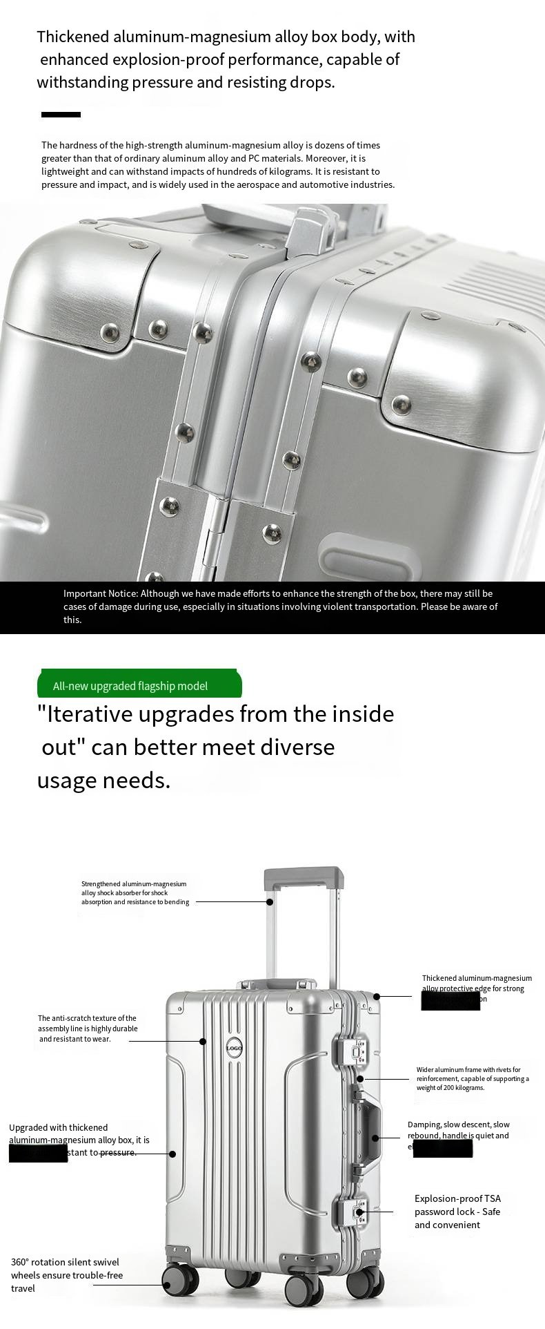 全铝镁合金拉杆箱、金属行李箱、20英寸登机箱、静音轮行李箱、密码行李箱