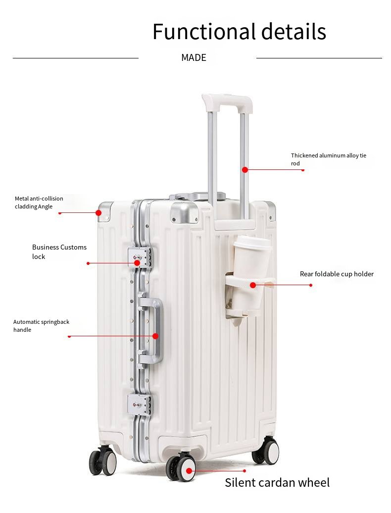 便携式旅行拉杆箱，旋转轮，硬质铝合金框架，行李箱锁，防水防盗，杯架，提手箱