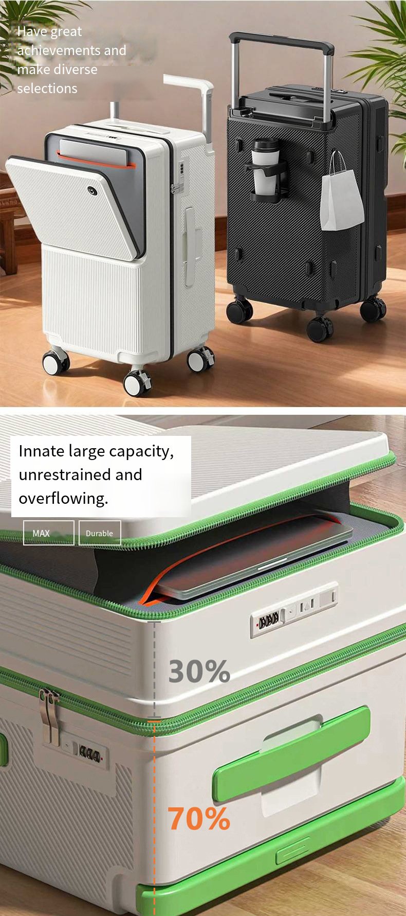 multi functional front opening business carry on suitcase, 28 inch large capacity combination lock, 360 degree rotating wheel travel case