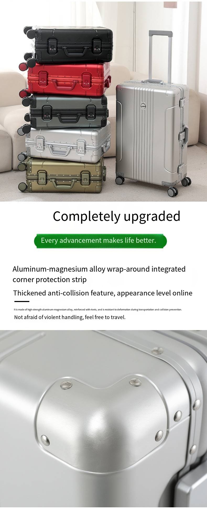 全铝镁合金拉杆箱、金属行李箱、20英寸登机箱、静音轮行李箱、密码行李箱