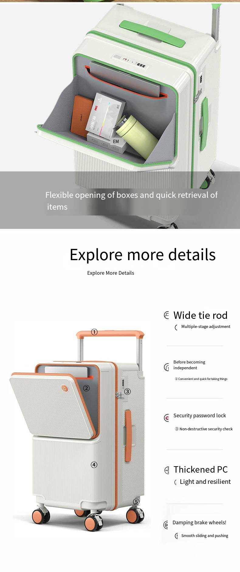 multi functional front opening business carry on suitcase, 28 inch large capacity combination lock, 360 degree rotating wheel travel case