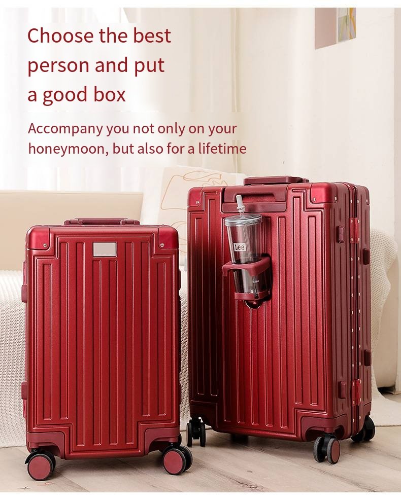 便携式旅行拉杆箱，旋转轮，硬质铝合金框架，行李箱锁，防水防盗，杯架，提手箱