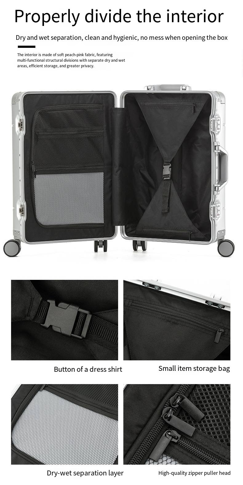 全铝镁合金拉杆箱、金属行李箱、20英寸登机箱、静音轮行李箱、密码行李箱