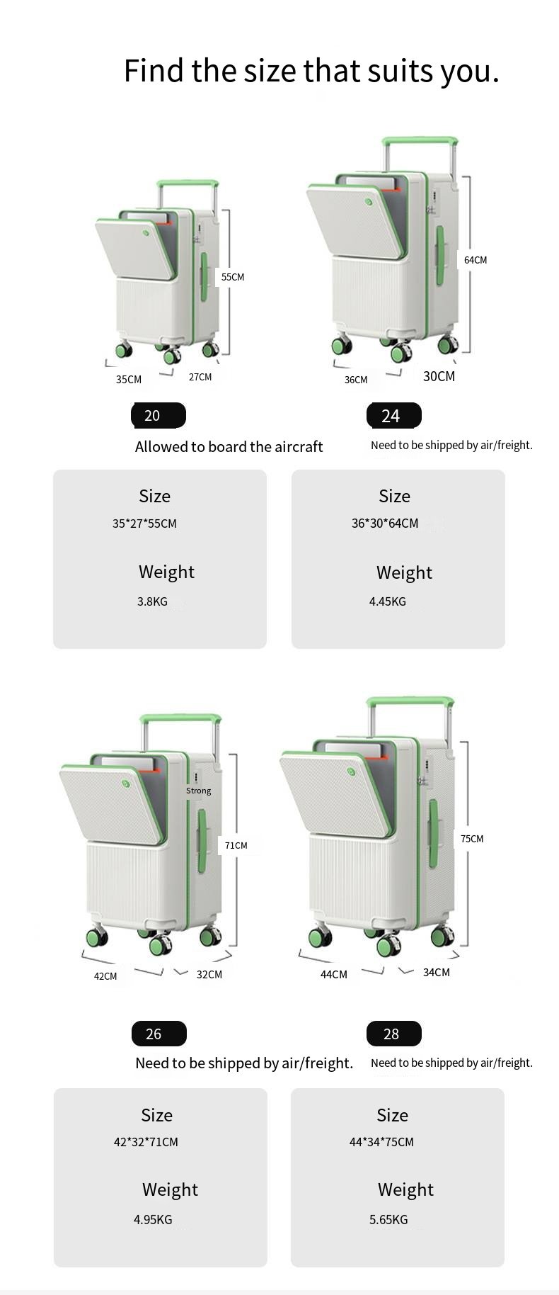 multi functional front opening business carry on suitcase, 28 inch large capacity combination lock, 360 degree rotating wheel travel case